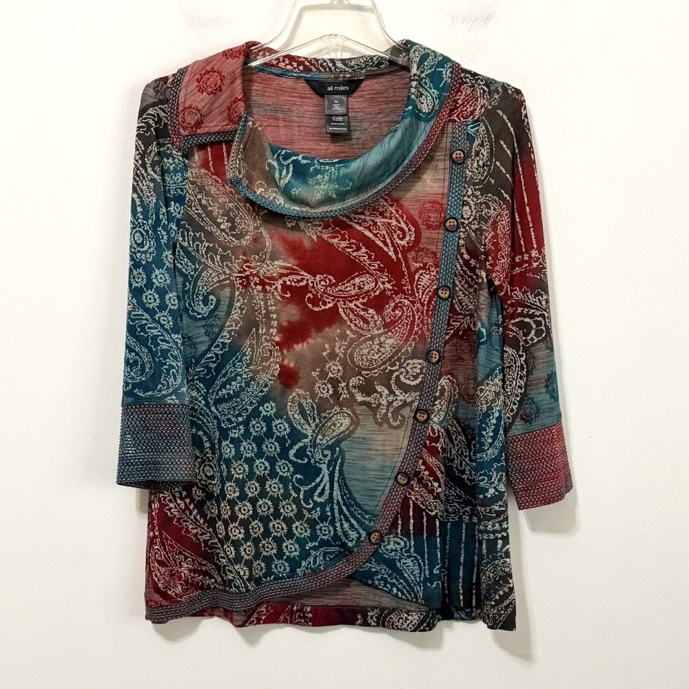 Ali Miles Cowl Neck Top Shirt S Petite Paisley 3/5 Sleeve Knit Soft Stretch Work